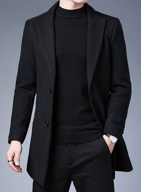 2024风衣男商务中长款潮流修身呢子大衣羊毛纯色翻领帅气男士外套