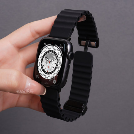 适用iwatch10表带S9苹果S8手表S7波浪纹硅胶applewatch10金属磁吸男款46mm夏天S6智能运动se高级黑色ultra2/1