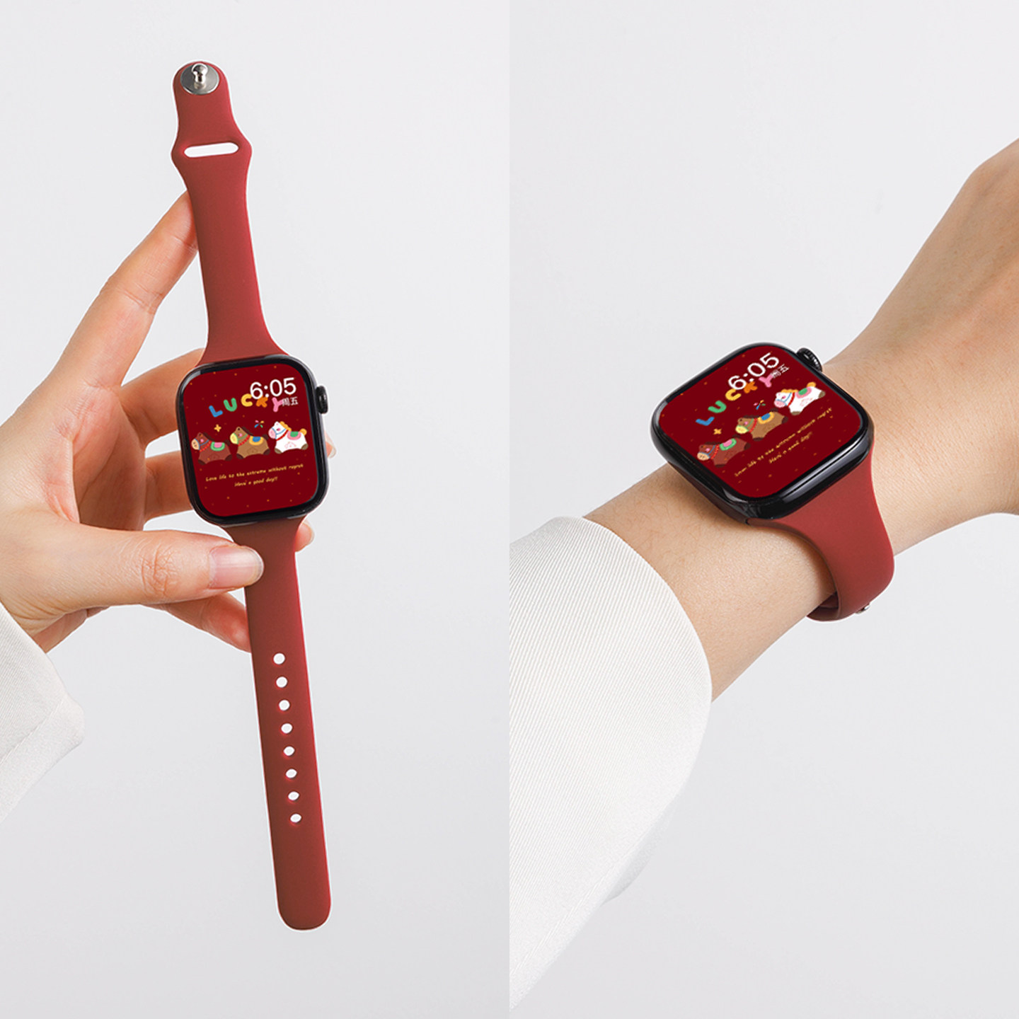 新年红适用S11苹果S10手表iwatchs11表带女款小蛮腰专用applewatchs9官方同款硅胶s8秋冬新款腕带se3高级运动