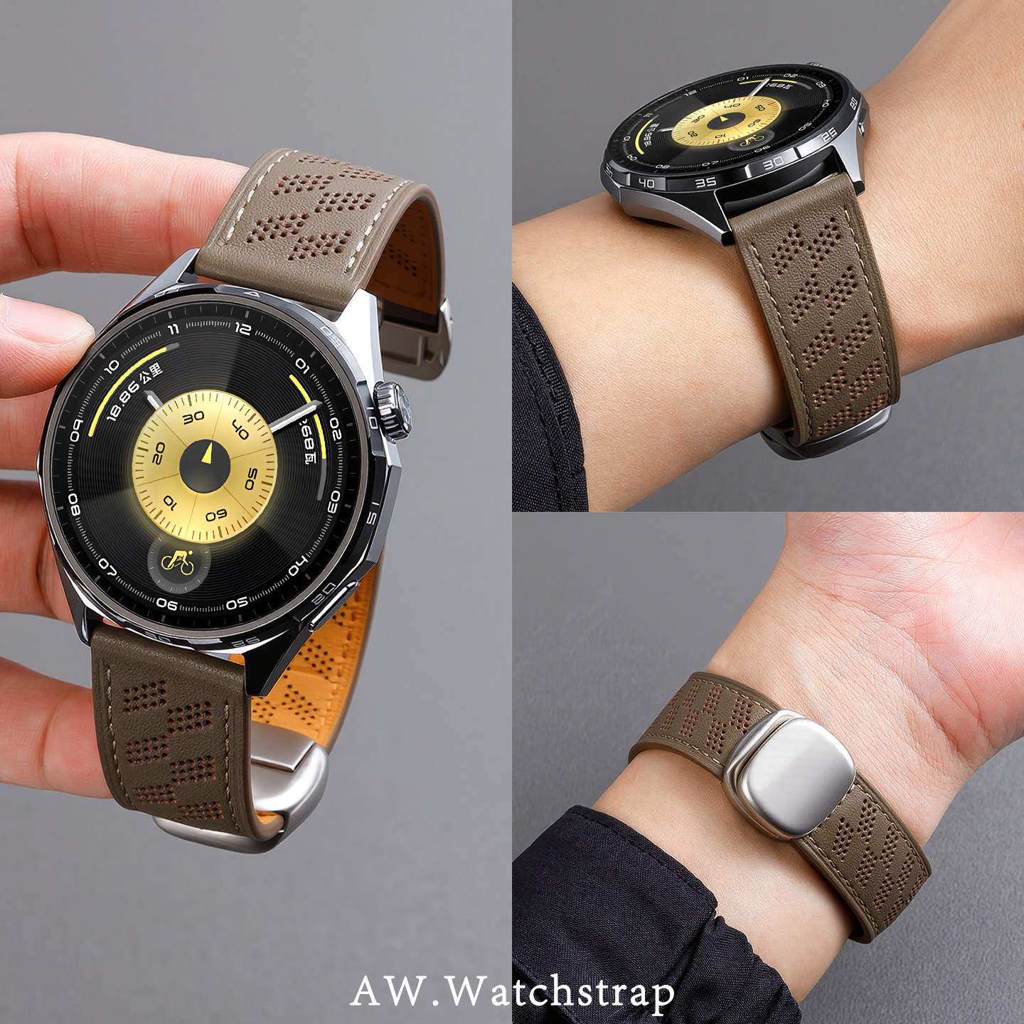 AW适用华为GT6表带gt5手表gt6pro男士新款透气真皮watch5智能运动gt4金属磁吸扣gt3高级荣耀2E夏天牛皮替换带