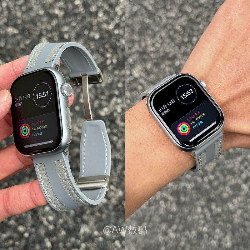 AW适用苹果S10/S9手表表带男applewatchs8夏天运动s7透气硅胶表带iwatchS9编织磁吸扣表带ultra2男女SE手表链