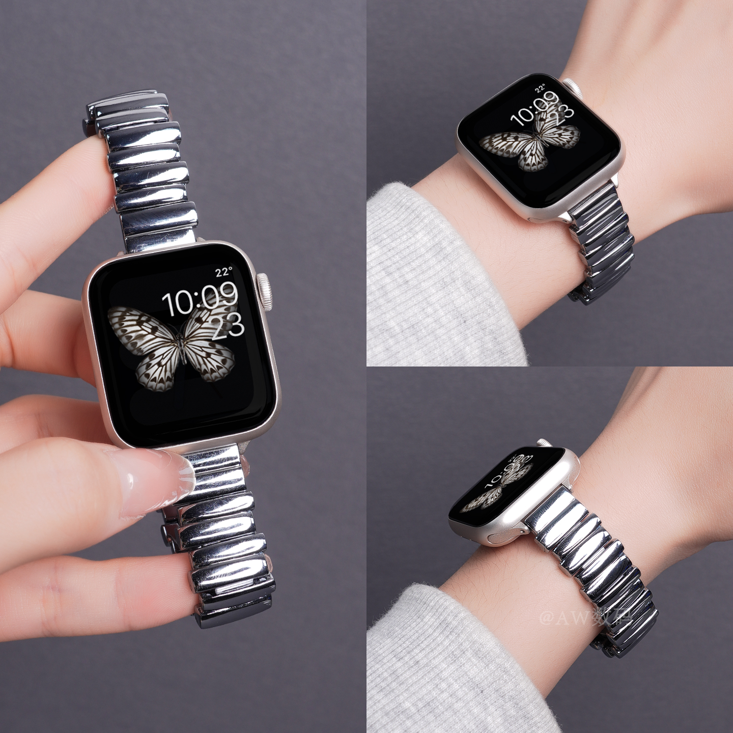 适用iwatch10表带苹果S9手表applewatch10金属S10女款不规则钢带S8细款透气se高级感7小香风S6夏季ultra2运动