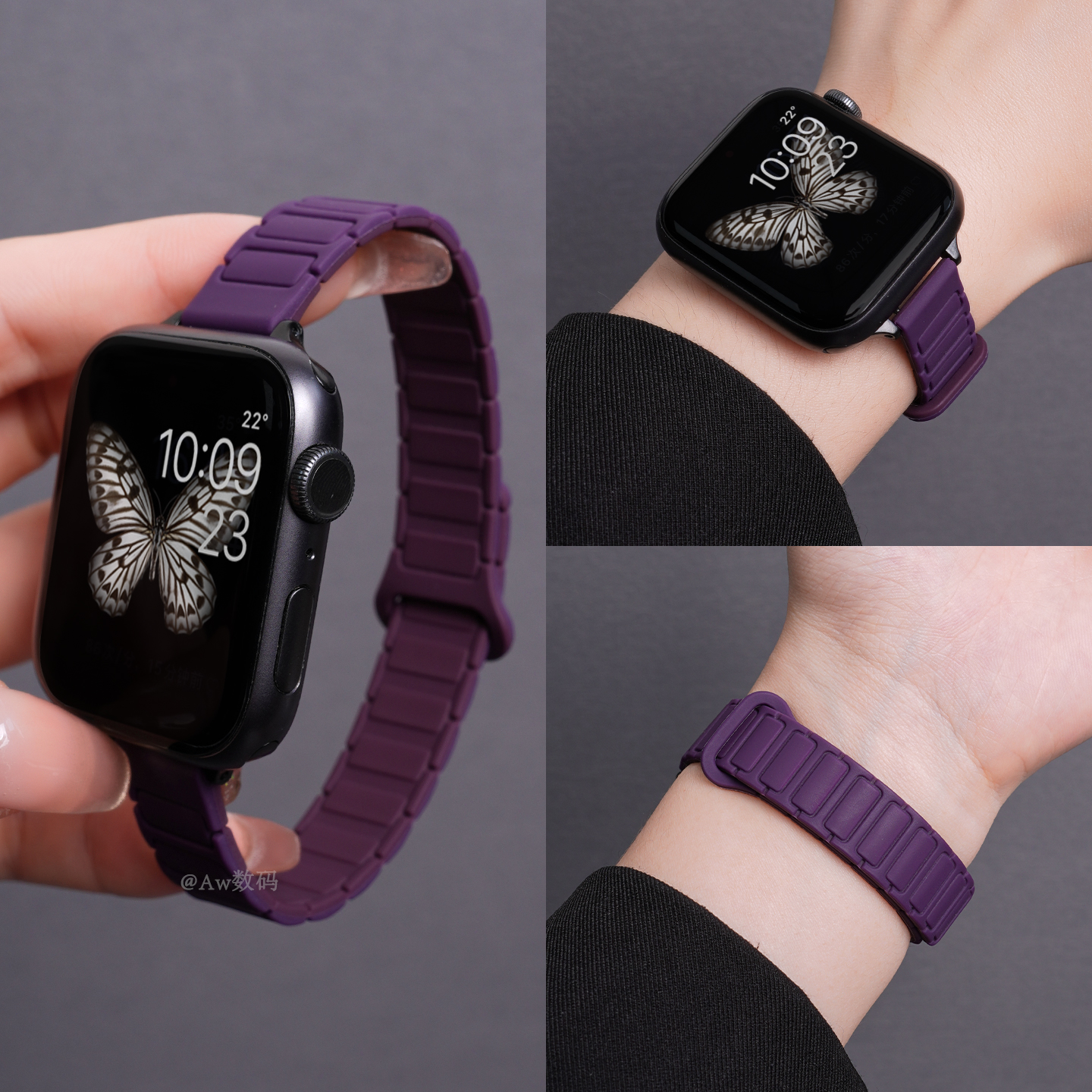 适用苹果手表iwatchs10表带张婧仪同款系列磁吸硅胶applewatchs9夏天梅紫色女士腕带s8女款7小众6高级5运动se