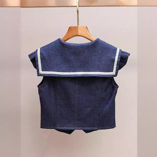 韩系年新款 马甲 女海军甜美风撞色收腰24衣莉领上衣小飞袖 短款