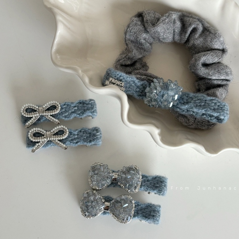 韩国牛仔蓝发夹天鹅绒大肠发圈水钻珍珠碎发发绳蝴蝶结蓝色毛线发