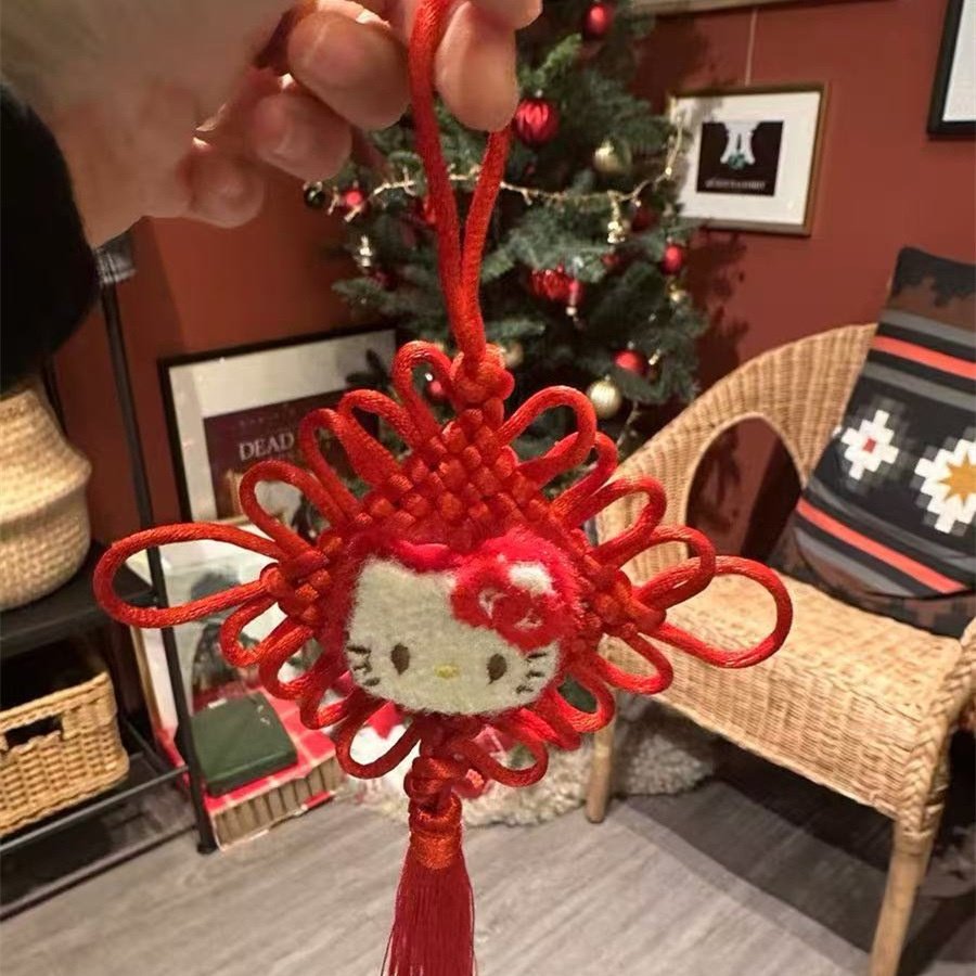可爱ins风卡通复古Kitty中国结挂件圣诞编织氛围感挂墙装饰品