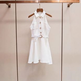 A伞状收腰新款 式 显瘦连衣裙夏季 字SP复古法式 翻领挂脖家减龄无袖