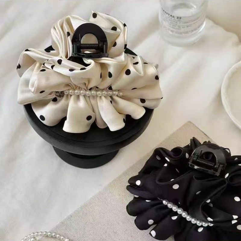 复古黑白波点褶皱花边珍珠抓夹大号女后脑勺发量大鲨鱼夹高级感