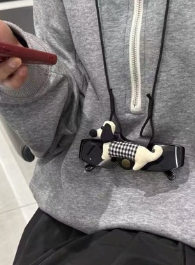 格纹发条小腊肠狗便携式墨镜挂绳防脱落防掉收纳挂脖眼镜链女可爱