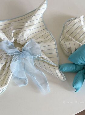 发箍蓝色甜美可爱方巾海盐圈大肠拼接头圈头条纹彩虹发绳网纱花发