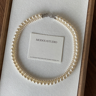 墨豆家 可拆分经典白珍珠8字扣双层项链高级感轻奢小众毛衣链饰品