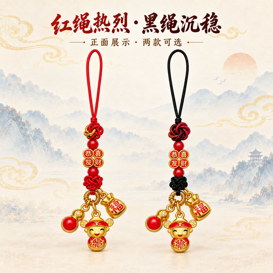 奈思国风创意财神爷手机链随身小挂件汽车钥匙链挂件福财相随挂坠