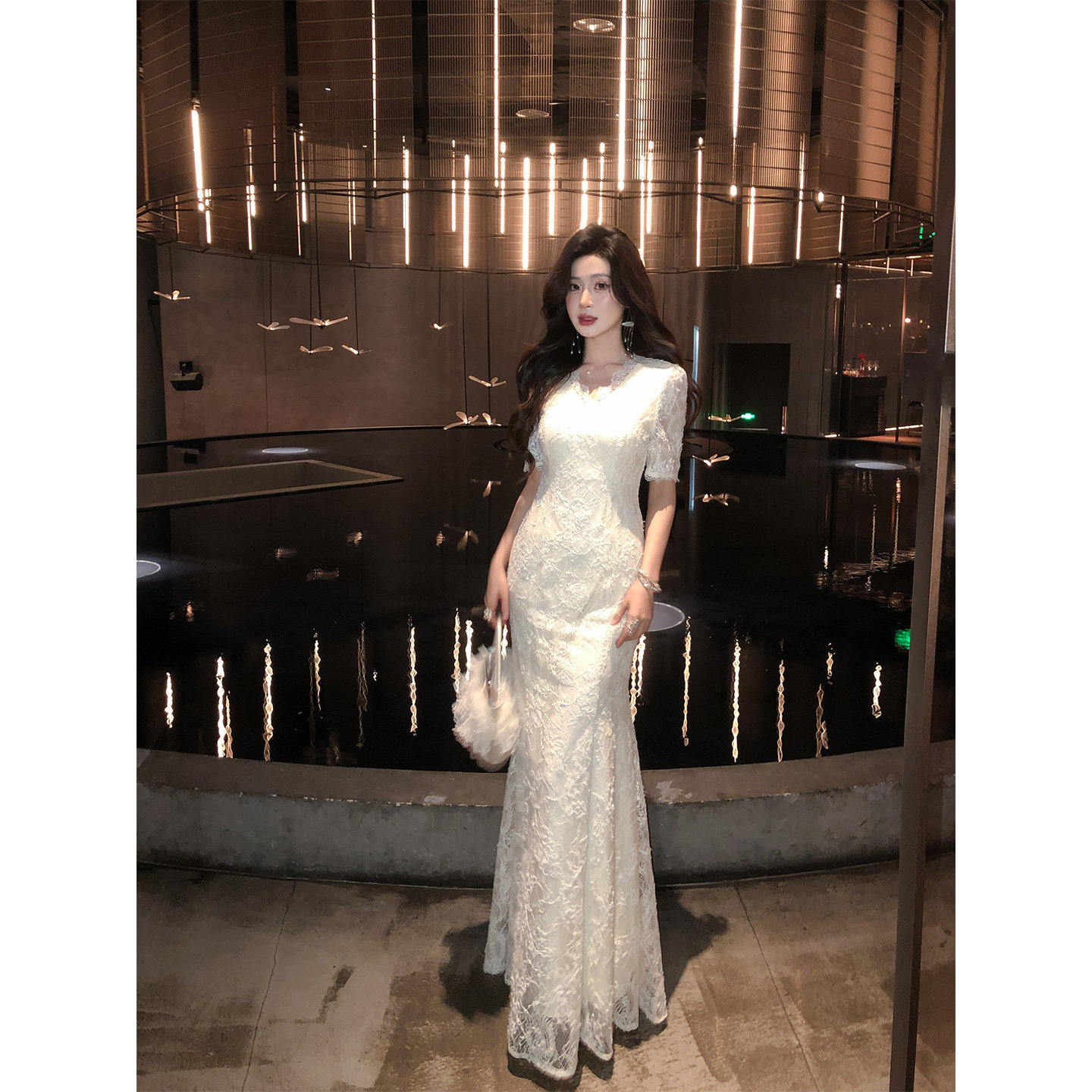 刘智贤【新月】法式高级感V领长裙水溶蕾丝短袖气质优雅连衣裙夏