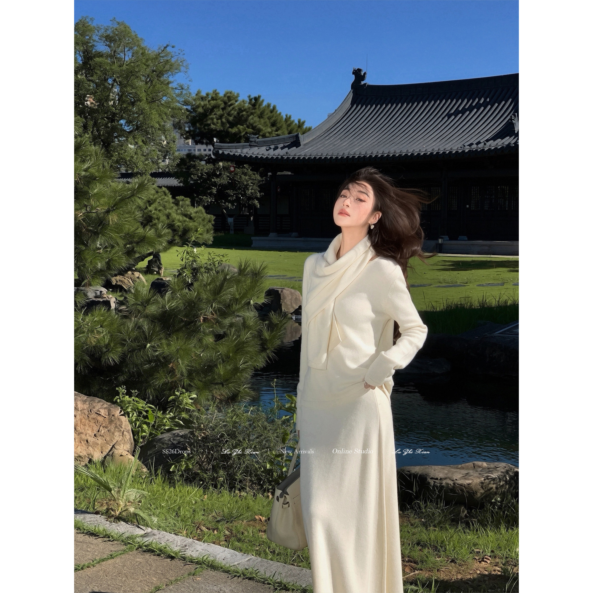 刘智贤【雾屿晨钟】温柔知性姐姐设计感披肩针织上衣半身裙套装女