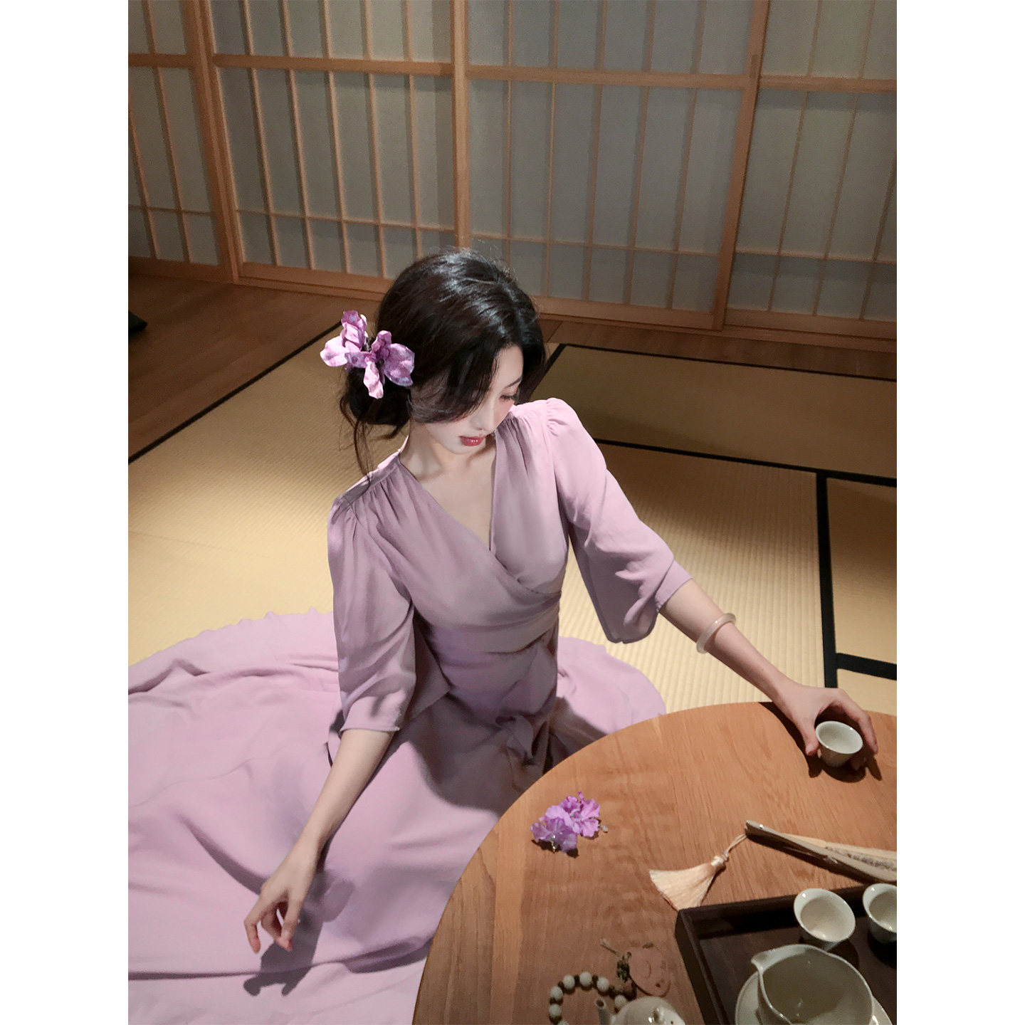 刘智贤【紫丁香】紫色V领上衣半裙分体式连衣裙100%莱赛尔鱼尾裙