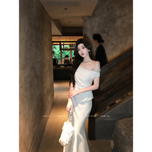 刘智贤【夜雾白槿】荡领斜肩收腰气质上衣+鱼尾半身裙清冷套装女