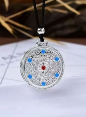 新中式五福圆满镂空吊坠古法罗盘项链挂件复古毛衣链首饰