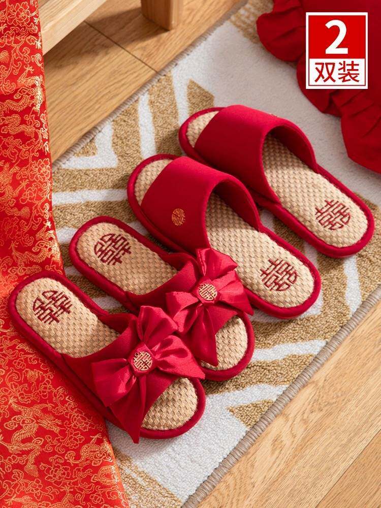 结婚拖鞋喜庆红色亚麻一对新婚情侣家居晨袍婚鞋婚礼婚庆新娘陪嫁