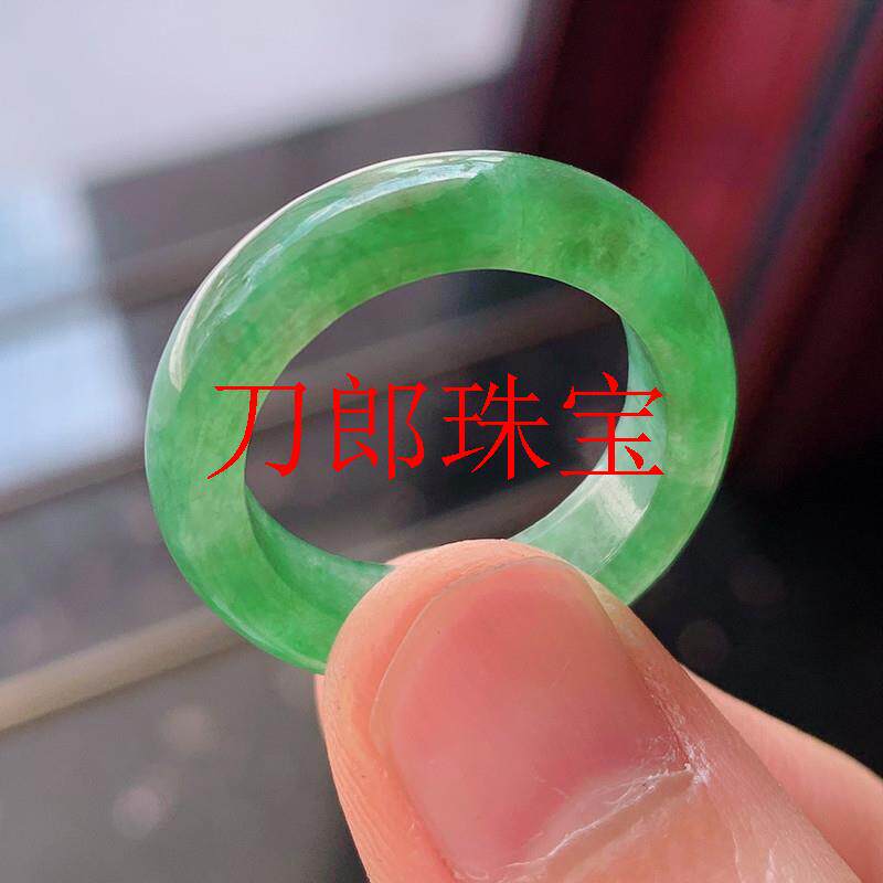 缅甸老矿翡翠色高冰种戒指满绿指环戒圈阳绿飘花尾戒窄款男女饰品
