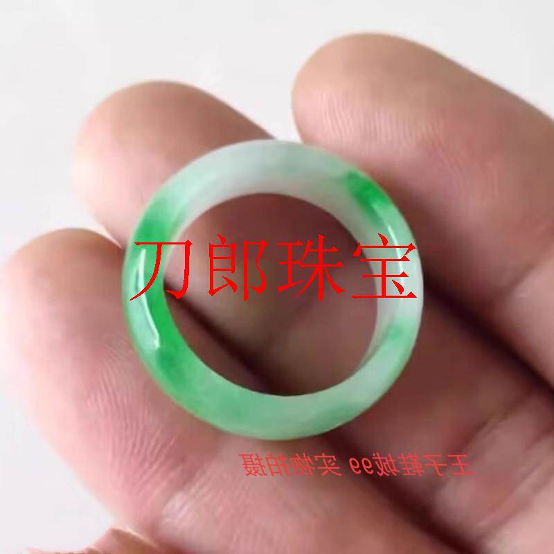 缅甸老坑翡翠色冰糯种飘绿花玉指环男女款戒指戒圈飘绿白底青指环