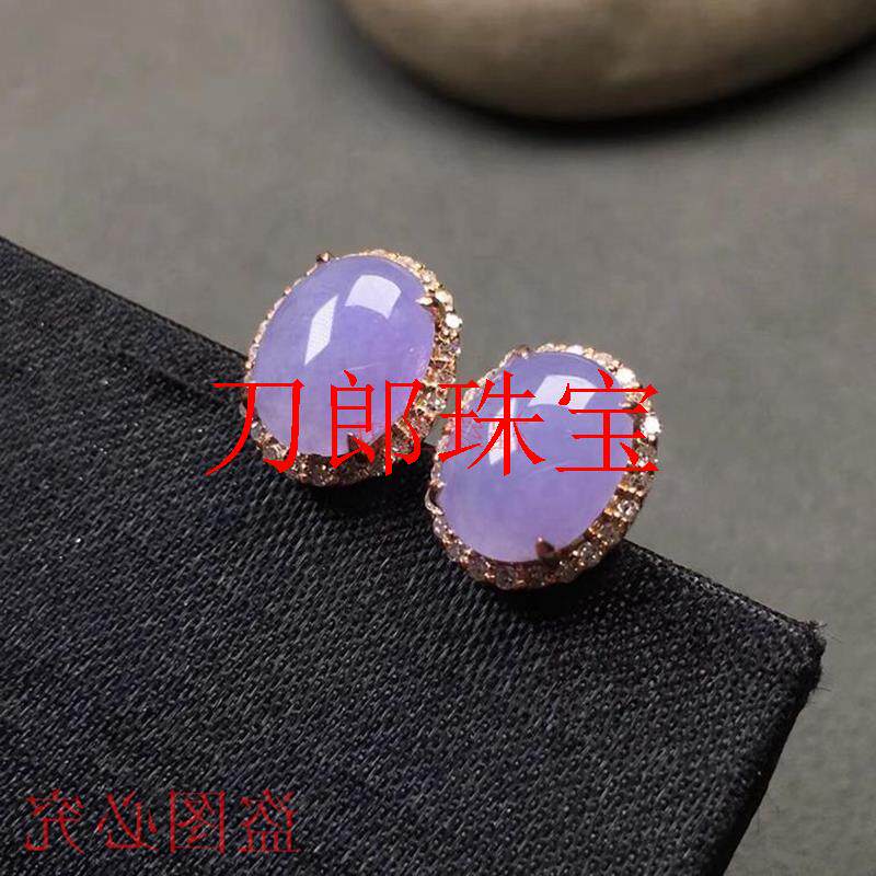 缅甸精品翡翠色蛋面冰种紫罗兰翡翠色耳饰品女款镶嵌玉石耳钉送礼