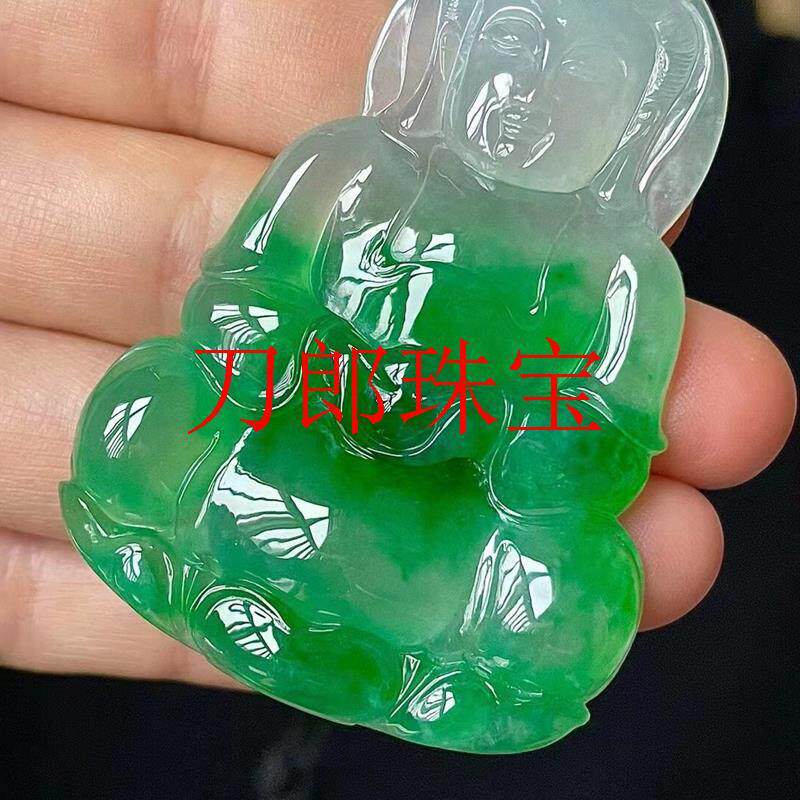 老坑冰种翡翠色玉石半山半水飘花阳绿色观音挂件男女款项链玉吊坠
