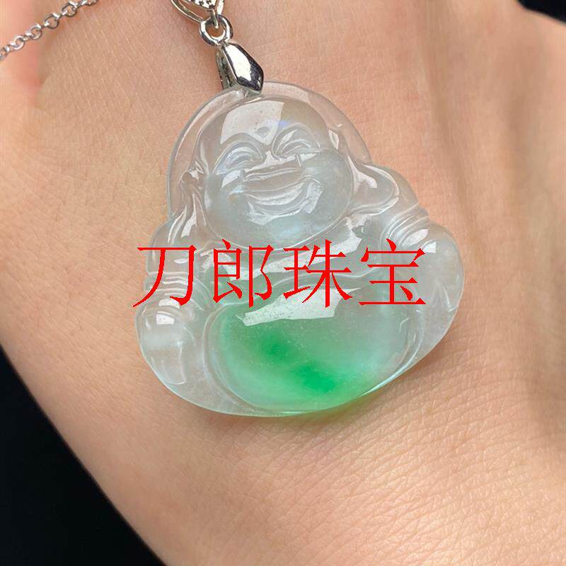 老矿翡翠色飘阳绿冰种花弥勒大肚佛吊坠笑佛情侣佛玉石佛挂件项链