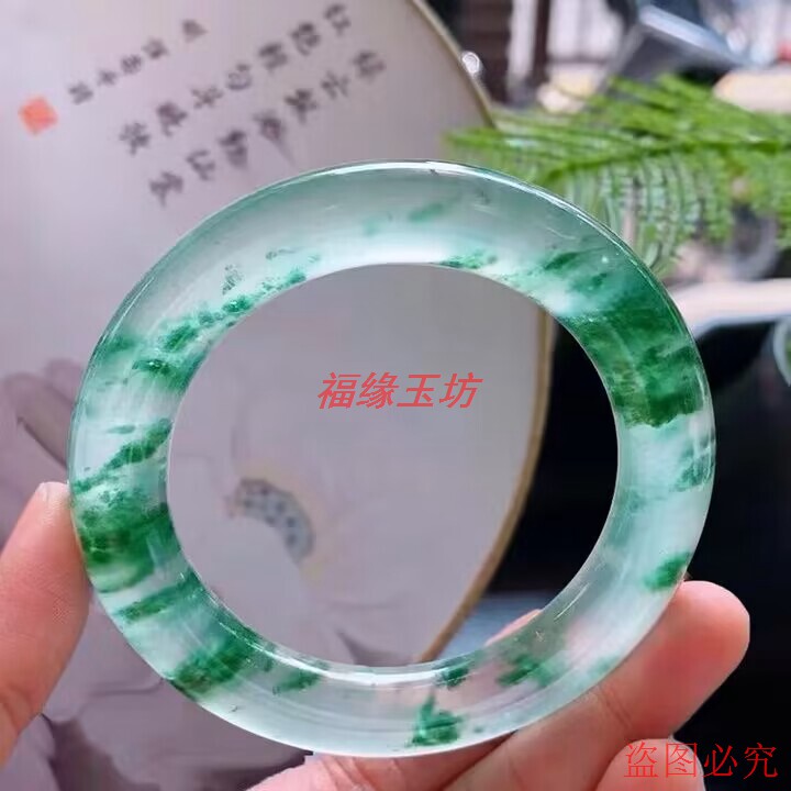 缅甸翡翠色高冰种细圆条手镯飘蓝绿花贵妃玉镯子少女款精选送礼品