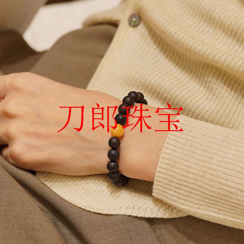 精选海南降真香高油沉香圆珠手链女款蜜蜡和田玉原创设计单圈手串