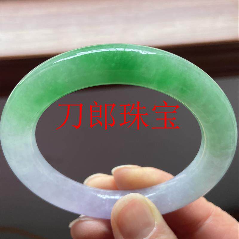 翡翠色冰糯种圆条浅紫加绿春带彩珠宝缅甸阳绿飘花紫罗兰平安玉镯