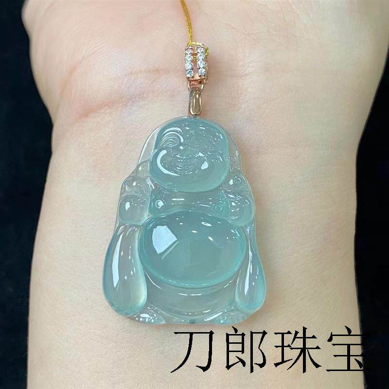 高端翡翠色佛公镶嵌冰种玉弥勒布袋大肚佛送礼笑佛玉吊坠锁骨项链