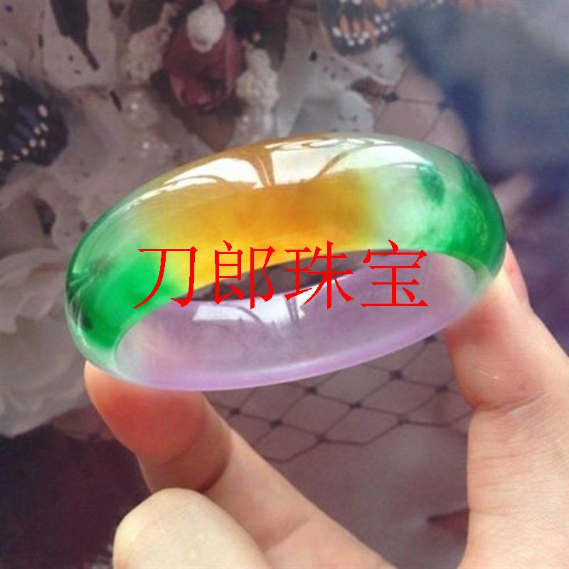 缅甸翡翠色手镯高冰种春带彩满阳绿色飘花紫罗兰三彩玉镯女款手镯