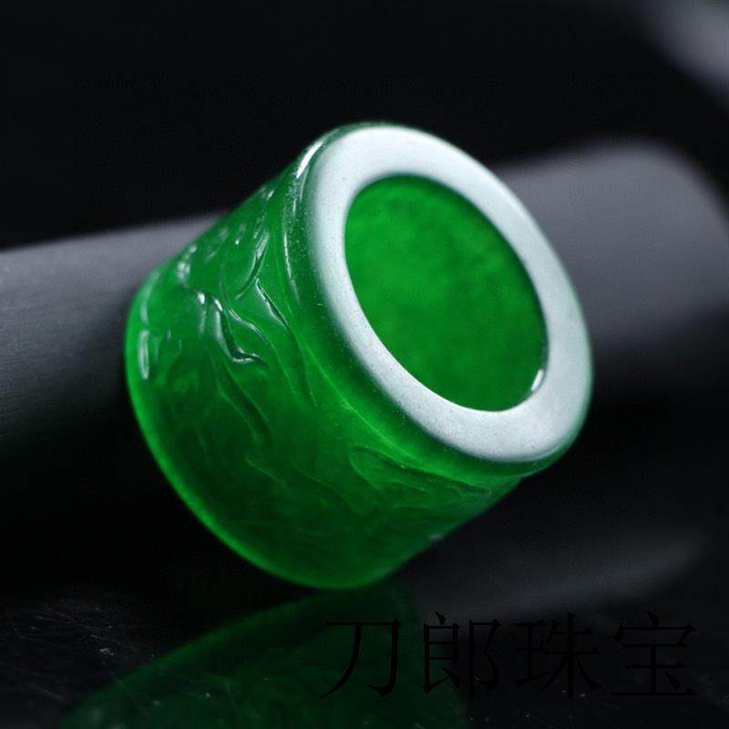 高端缅甸翡翠色冰种阳绿辣绿玉石雕花扳指指环男款老坑玉戒指送礼