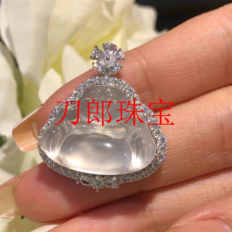 缅甸翡翠色镶嵌玉佛吊坠单色白透笑佛弥勒佛项链挂件镶银边女饰品