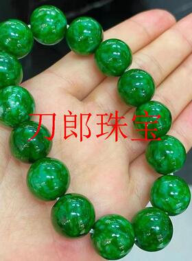 缅甸老坑豆种翡翠色干青手链男女款大颗粒圆珠满色辣绿单圈玉手串