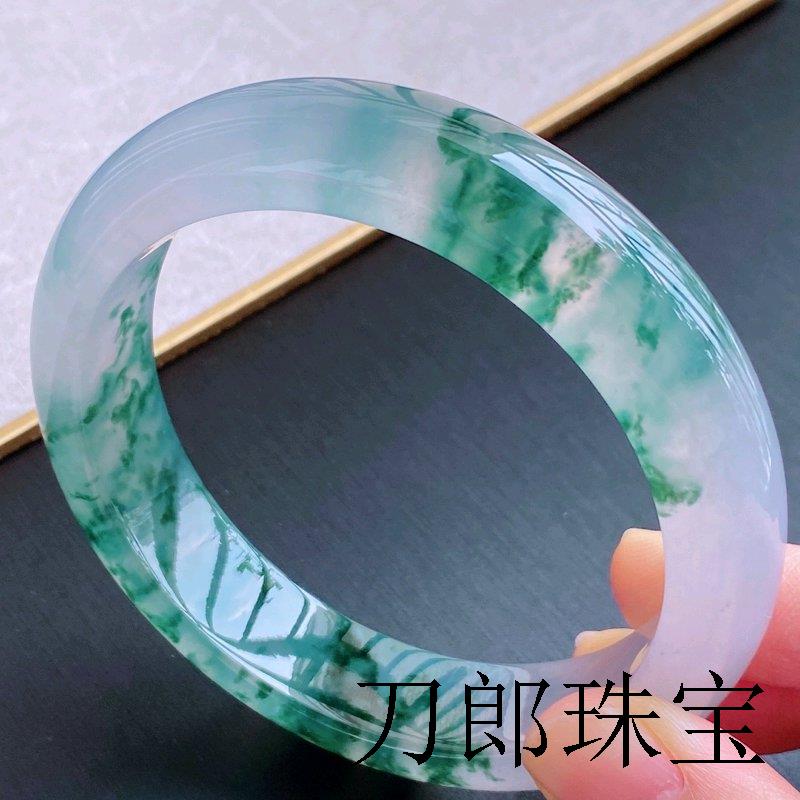 老坑缅甸冰种飘花翡翠手镯飘绿花玉镯女款阳绿玉镯处理通透玉手镯