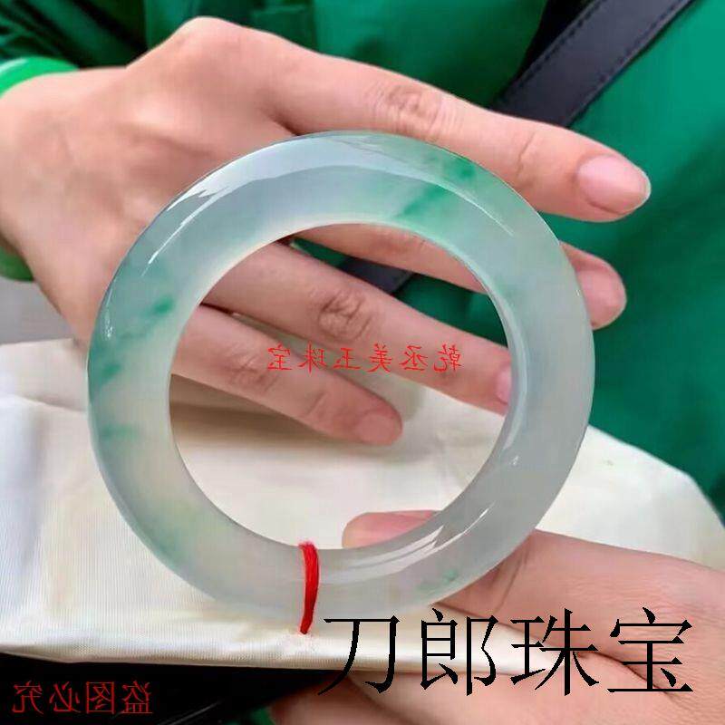高端缅甸玉蓝水翡翠色手镯女款高冰种飘花正圈镯老坑玉原石精品款