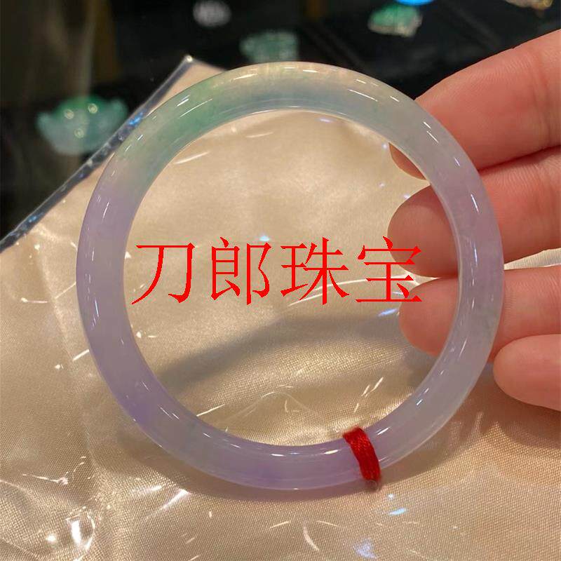 缅甸翡翠色手镯冰种飘花春带彩飘紫细圆条手镯叮当镯年轻百搭玉镯