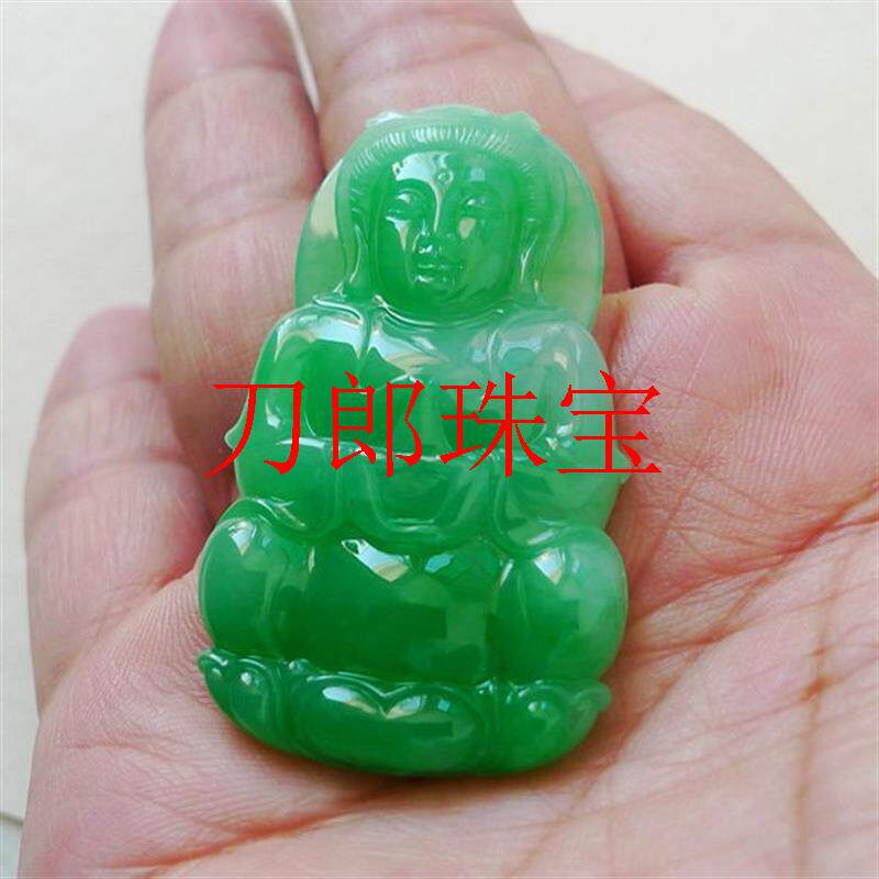 缅甸老坑翡翠色观音吊坠满绿冰糯种大号翡翠色观音挂件男女款玉器