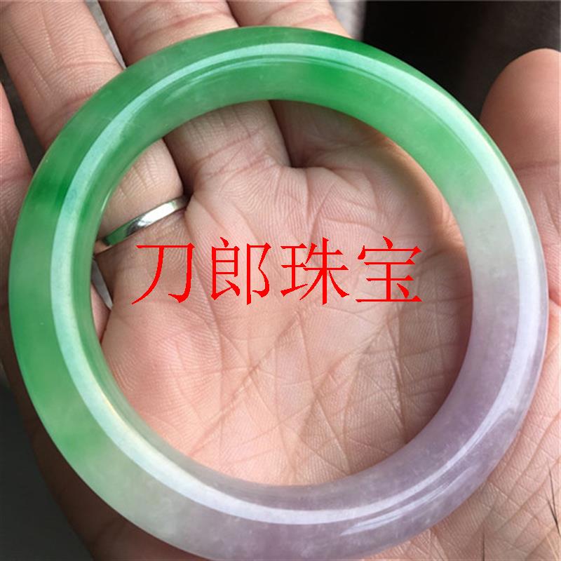 缅甸春带彩翡翠色手镯冰种阳绿手镯圆条浅紫色玉手镯高级百搭女款