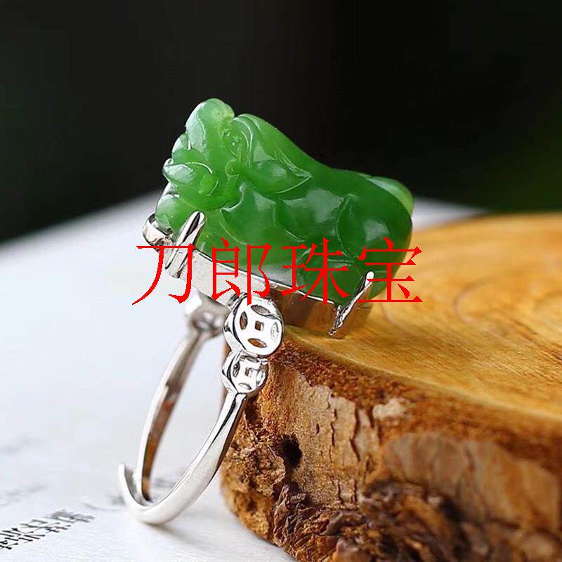 和田玉碧玉貔貅戒指银饰镶嵌苹