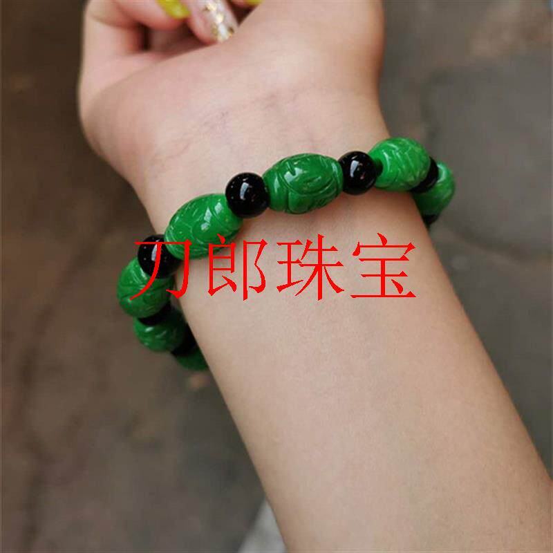 缅甸翡翠色满绿路路通手链干青正阳绿椭圆雕花金钱男款铁龙生手串