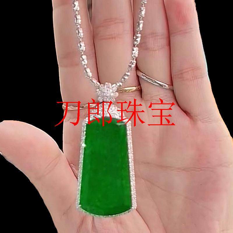 原创设计满绿无事牌吊坠玛瑙平安吊坠银毛衣链冰种翠绿色阳绿女款