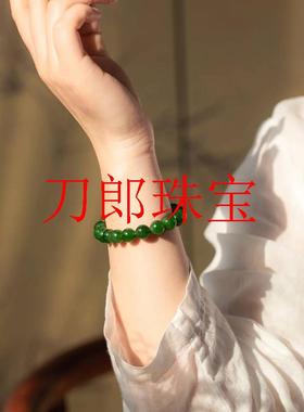 新疆和田玉碧玉手串老坑碧玉菠菜绿珠子老料男女款单圈圆珠玉手链