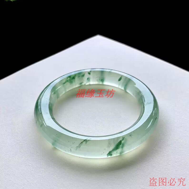 精品缅甸老坑翡翠色手镯高冰种细圆条飘蓝绿花玉镯子清冷古风女款