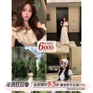 OYFF凡凡来咯【椰影白沙】一字肩衬衫女/泡泡袖上衣/半身裙三件套