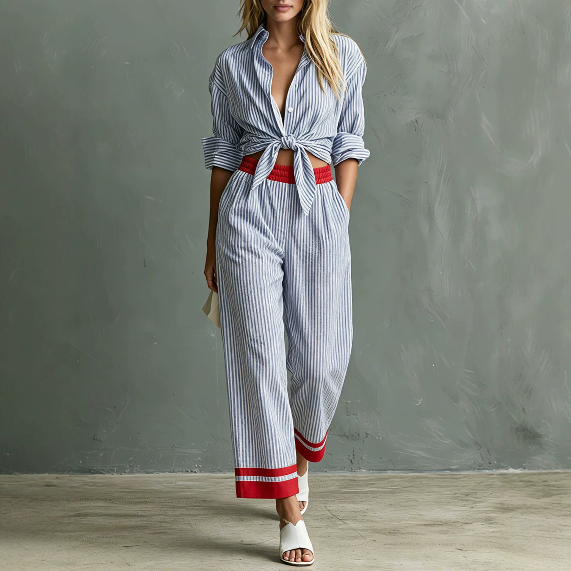 女士蓝白条纹绑带衬衫长裤套装Casual striped top and pants set