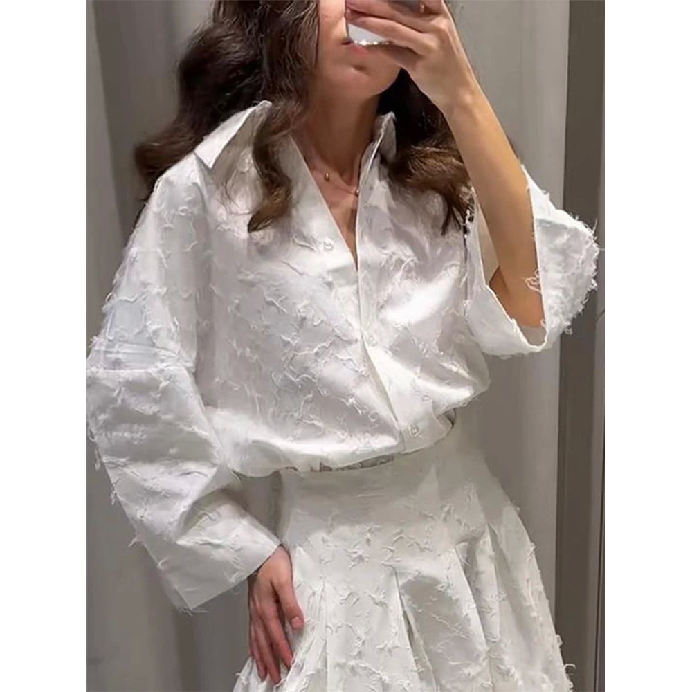 纯色流苏羽毛衬衫+半身裙套装女 Tassel feather shirt+skirt set