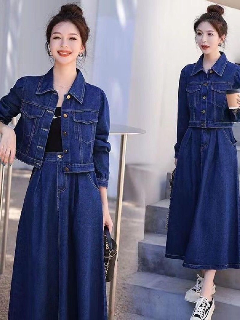 여성을위한 유럽 스타일의 노화 감소 데님 정장 스커트 2024 봄 가을 새로운 캐주얼 짧은 코트 스커트 투피스 세트