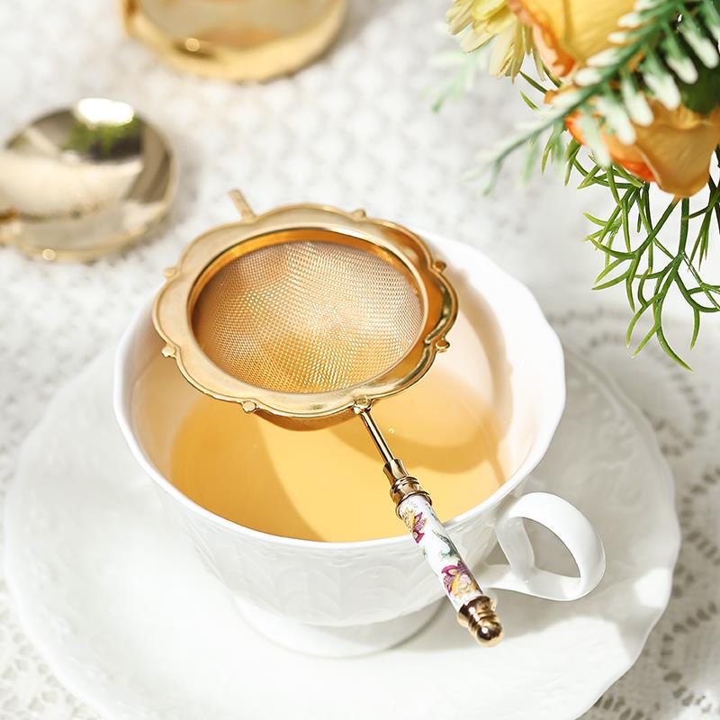 日本进口Minton明顿金色骨瓷手持茶滤茶勺精致欧式茶具滤茶器套装